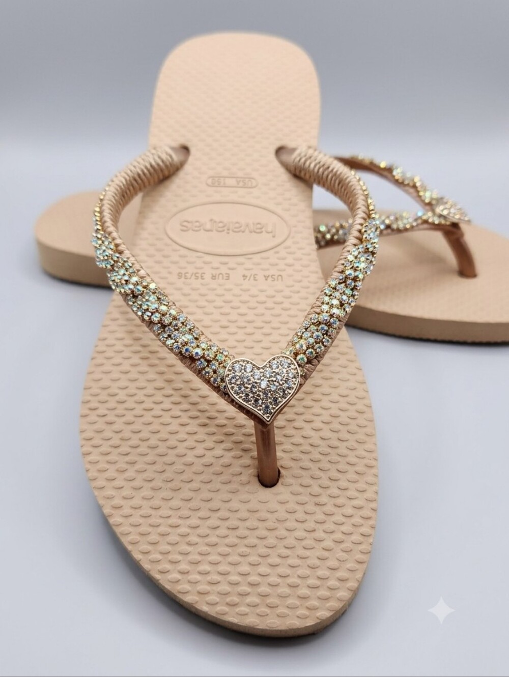 Havaianas Rose Gold Crystal Heart Flip Flops